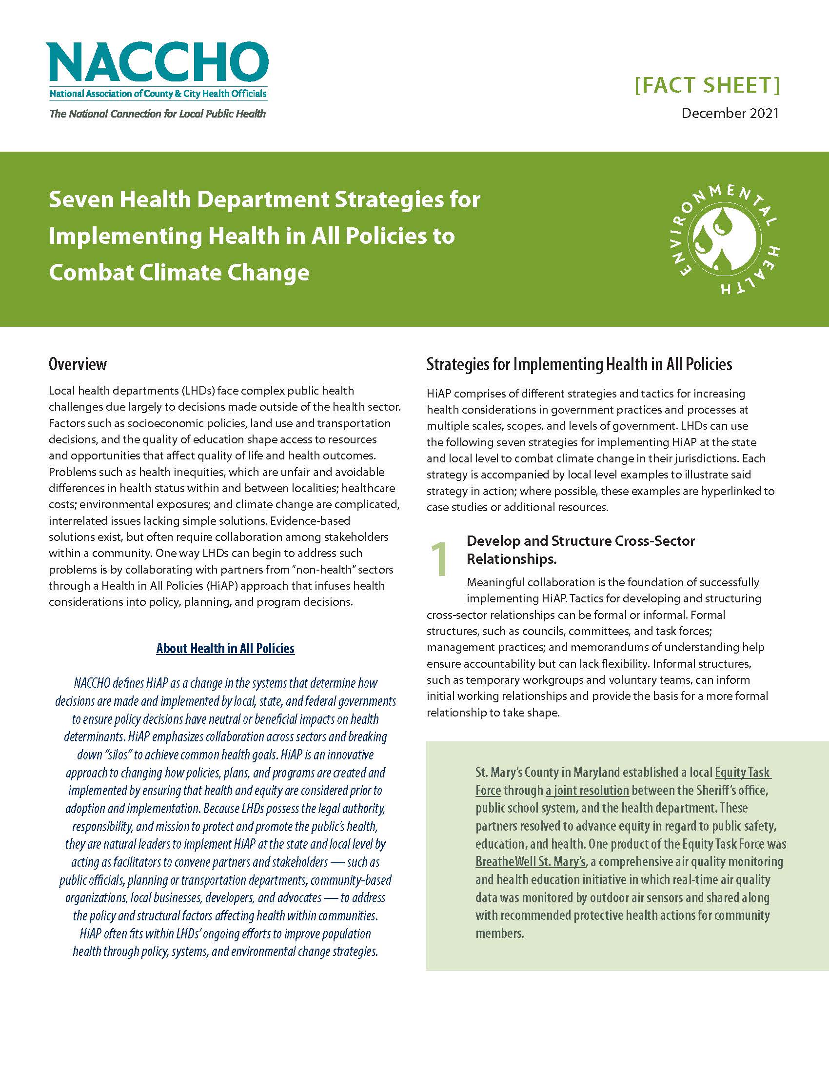 Seven Health Department Strategies for Implementing Health in All Policies to Prepare for Health Impacts of Climate Change (PDF) 