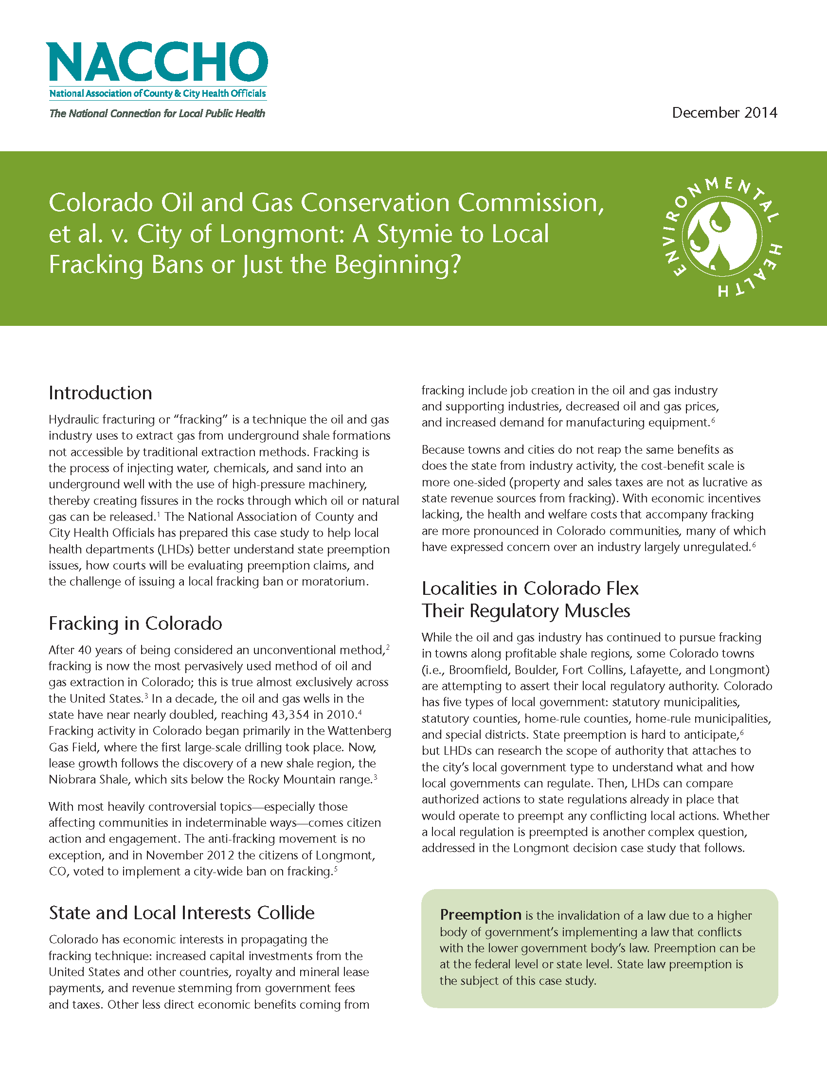Colorado Oil and Gas Conservation Commission, et al. v. City of Longmont: A Stymie to Local Fracking Bans or Just the Beginning (PDF)