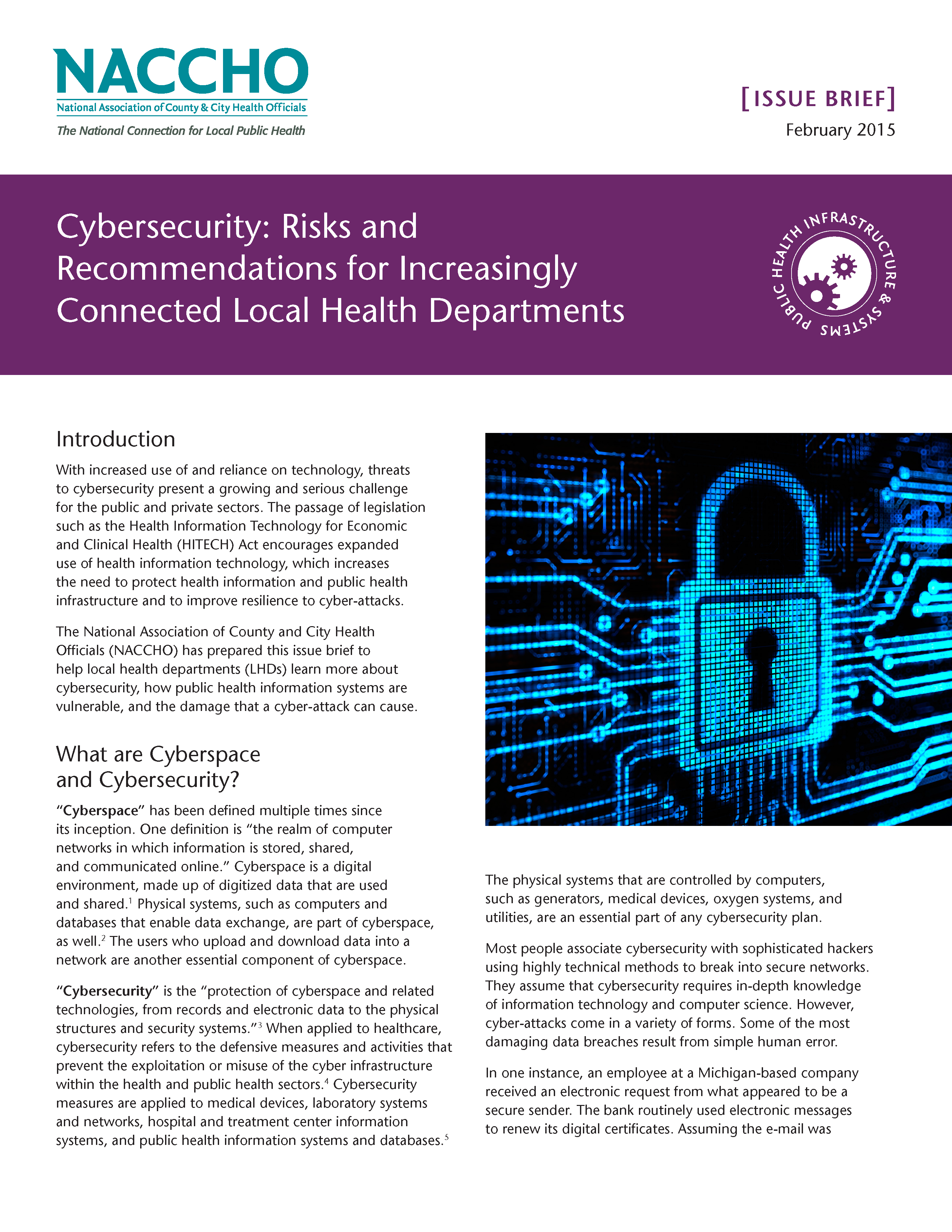 Cybersecurity: Risk and Recommendations for Increasingly Connected Local Health Departments  (PDF)