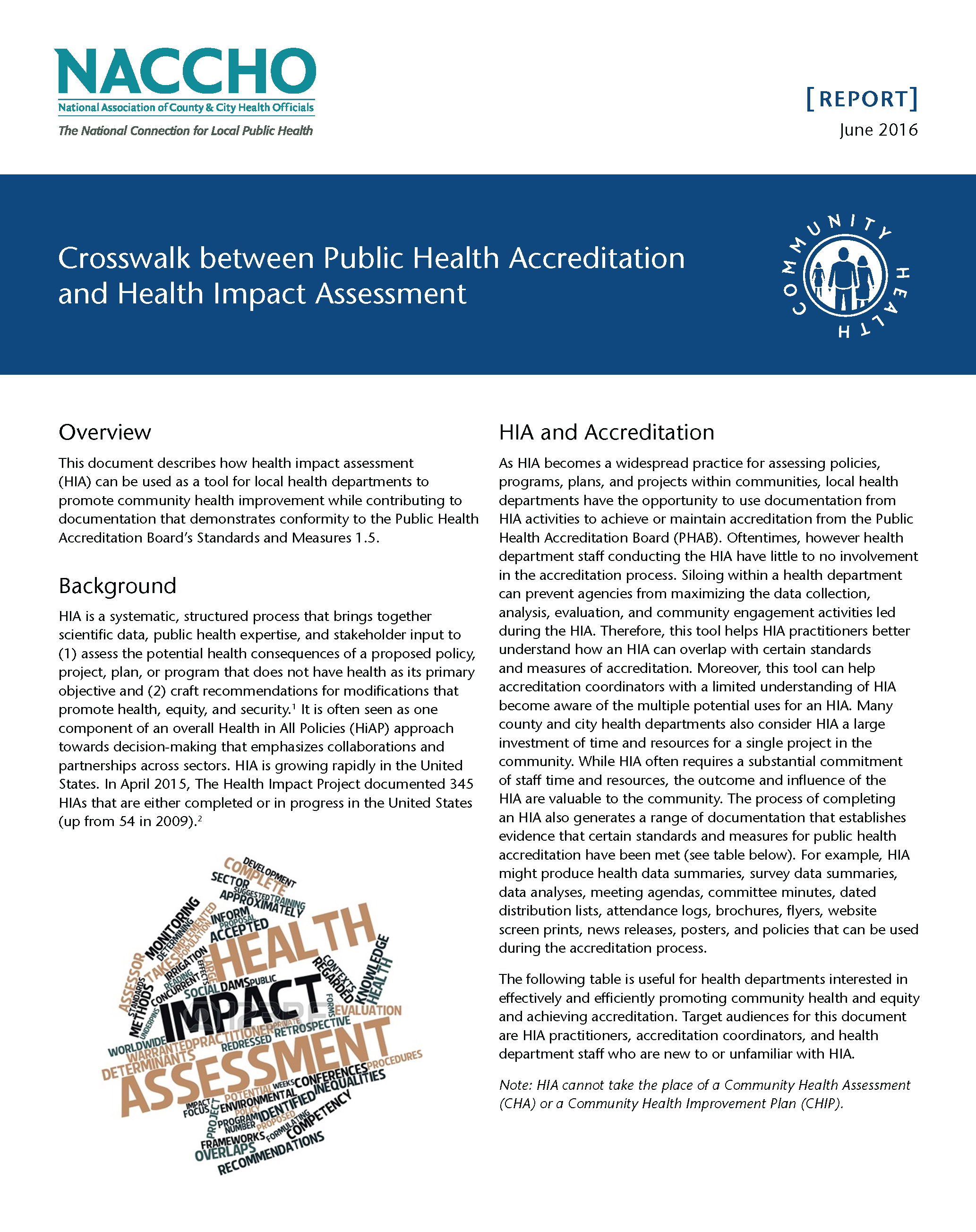 Crosswalk Between Public Health Accreditation and Health Impact Assessment (PDF)