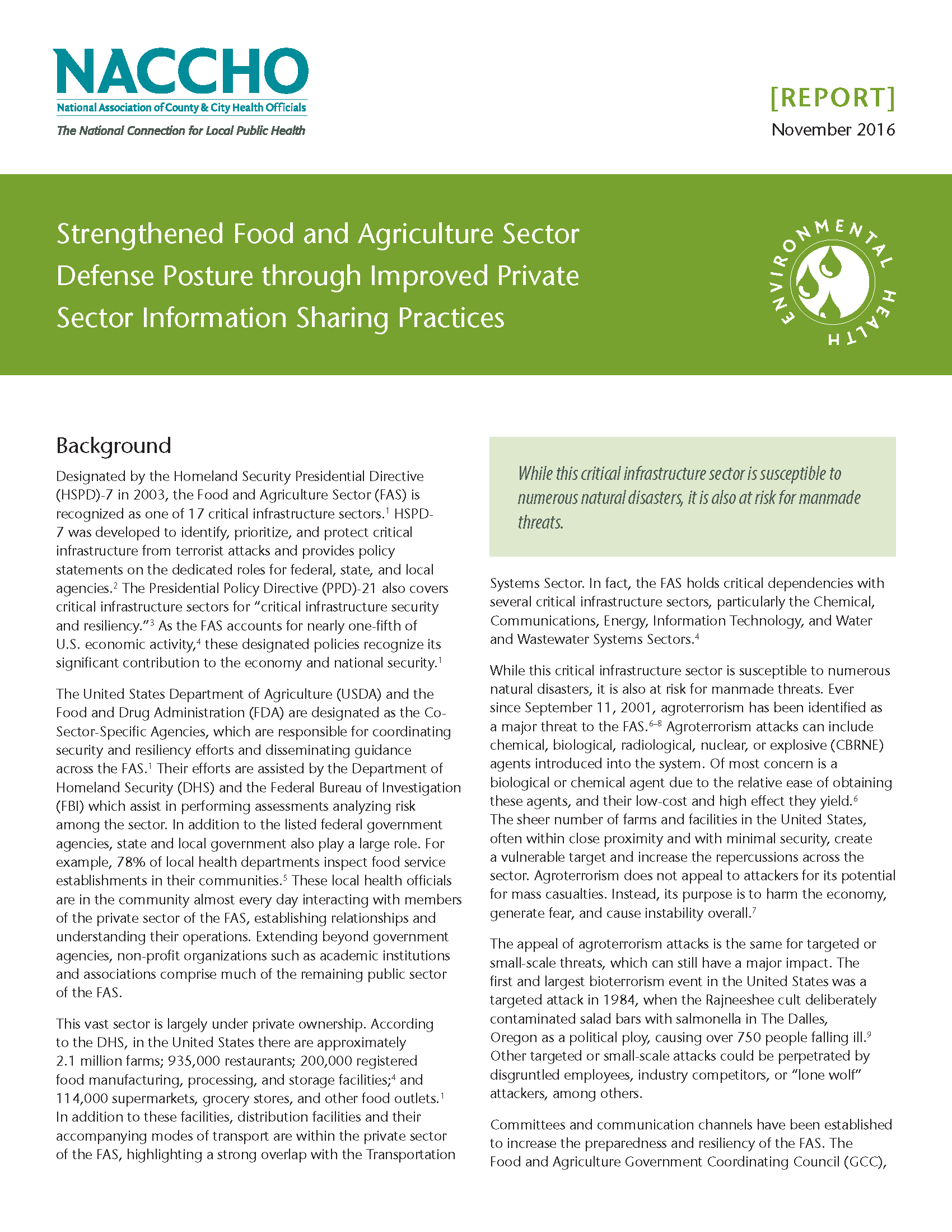 Strengthened Food and Agriculture Sector Defense Posture through Improved Private Sector Information Sharing Practices