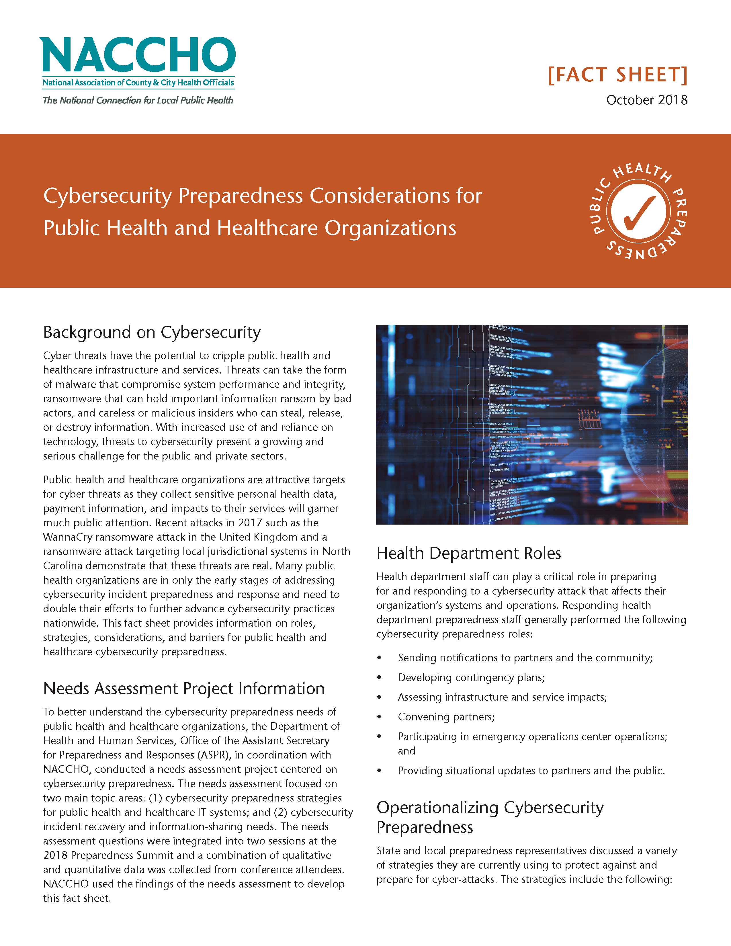 Cybersecurity Preparedness Considerations for Public Health and Healthcare Organizations